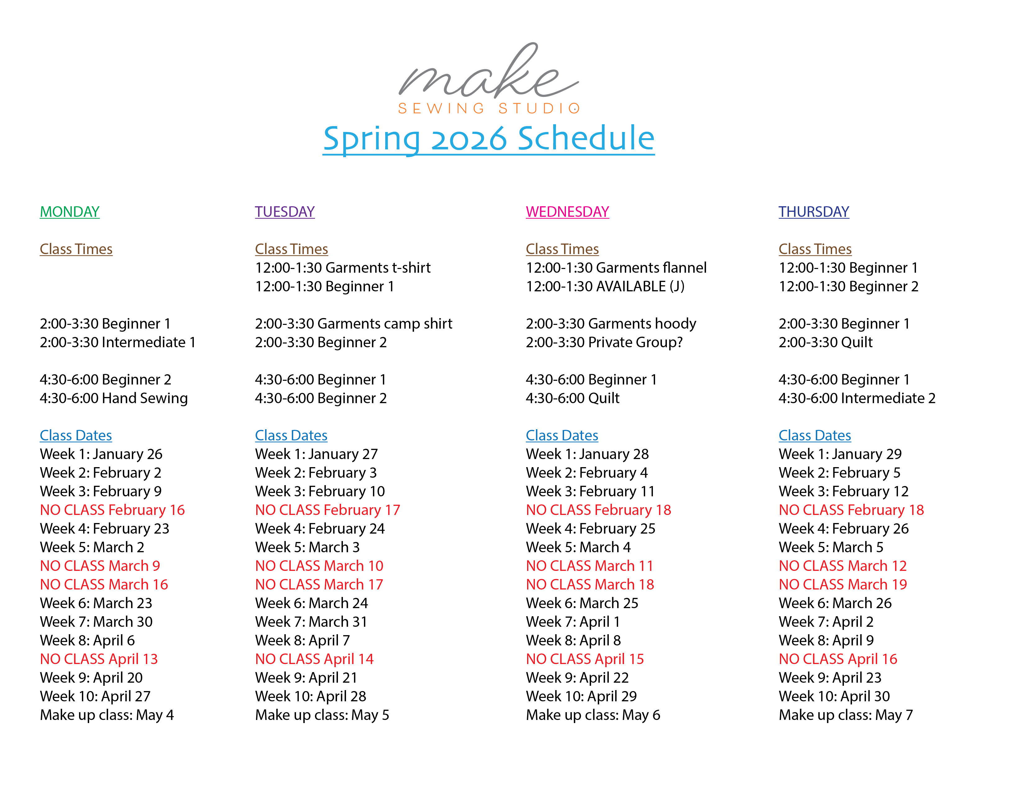 THURSDAY Kids Beginner 2 Sewing 12:00-1:30 , January - May 2026