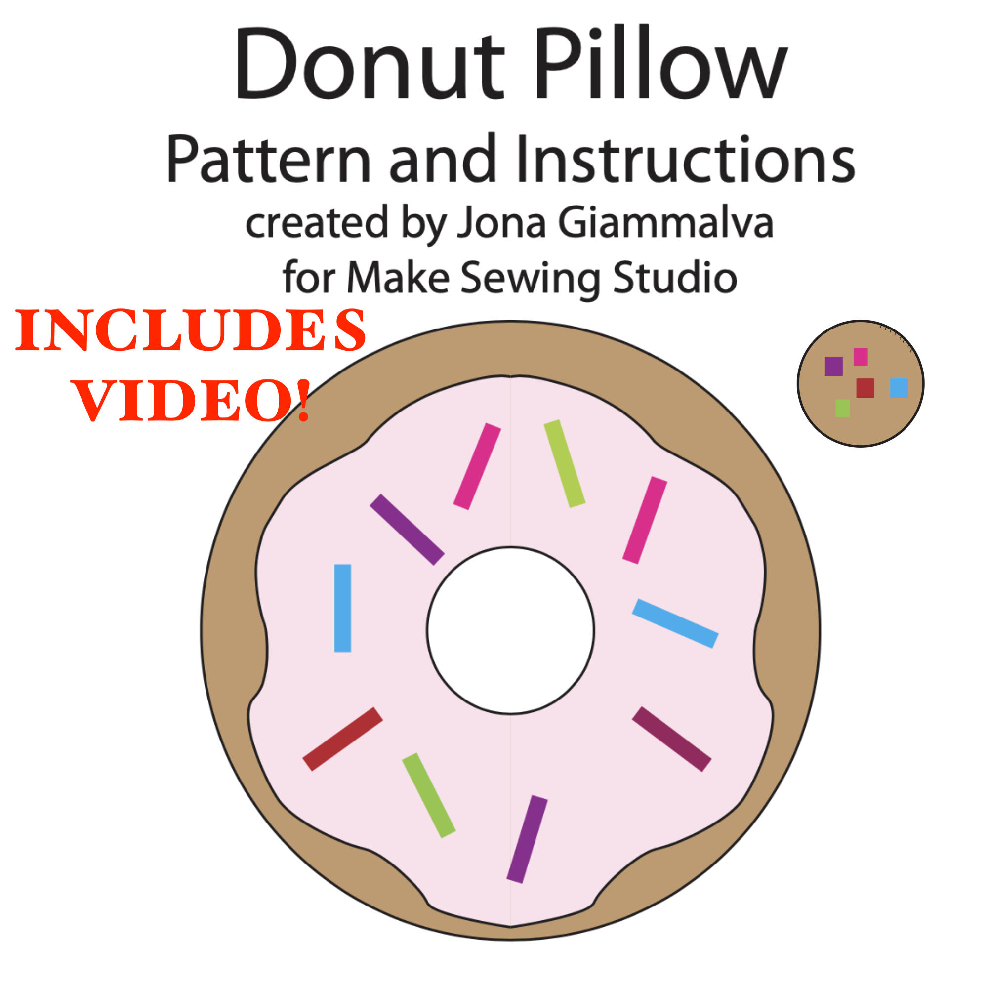 Donut Pillow Sewing Pattern VIDEO PDF Instant Download Donut Pil makesewingstudio